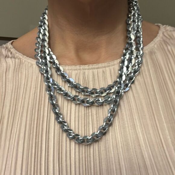 VINTAGE SIGNED WEST GERMANY FANCY LINK Dual Silver Tone Necklace 16”, Signed - Picture 1 of 4